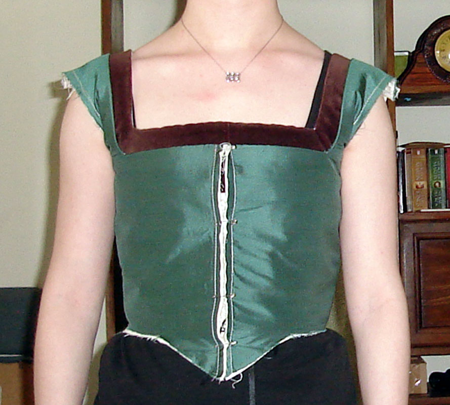 Fitting the green silk Tudor bodice