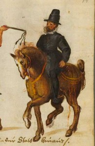 1580ish from Kostume und Sittenbilder. Black Trunkhose, with possibly Ropilla or long skirted jerkin.