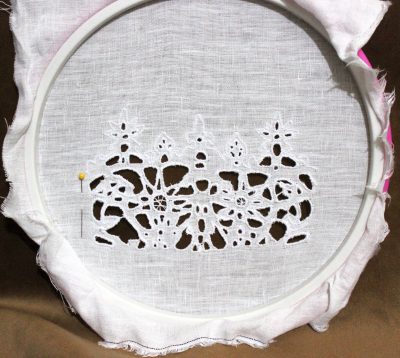 Cutwork lace white cotton thread on white linen
